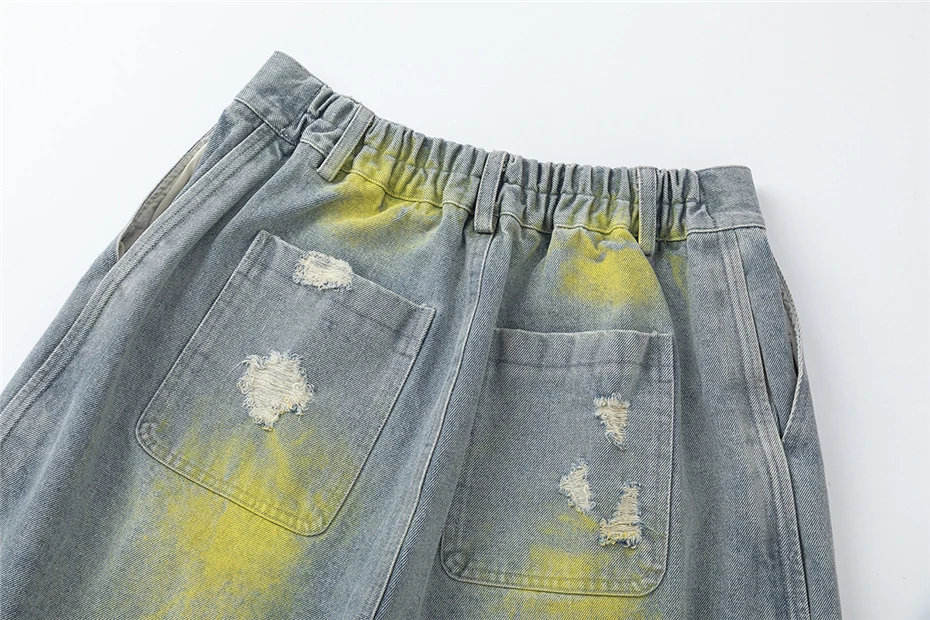 Ripped Hole Denim Shorts Mens Streetwear Hip Hop Y2k Knee Length Pants Vintage Graffiti Baggy Wide-leg Jeans Short Male