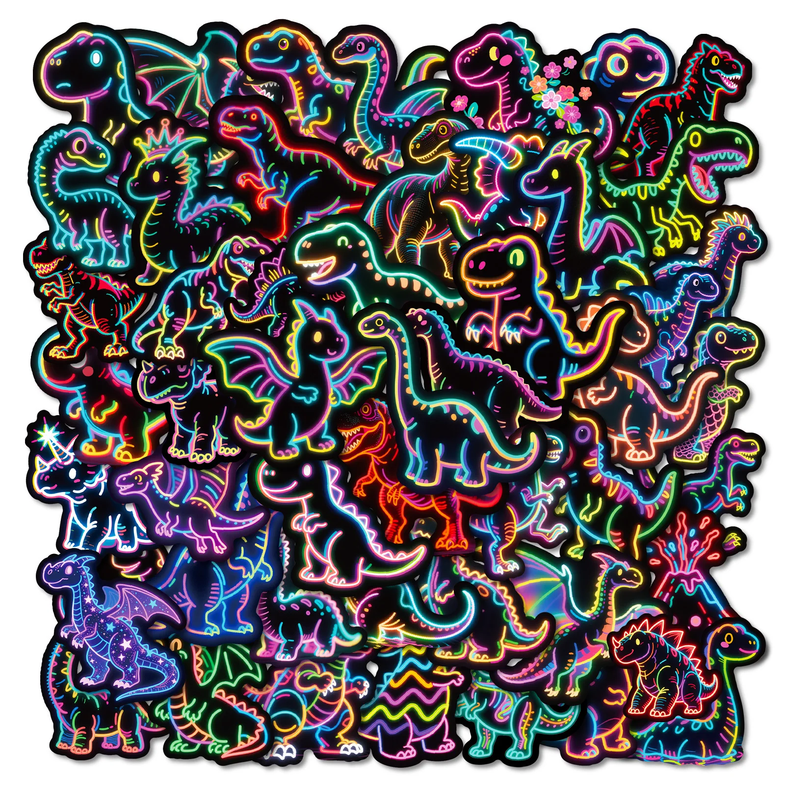

Cartoon Graffiti Stickers, 56 PCS Waterproof Neon Dinosaur Decals with Glow Edges - DIY Decor for Notebook, Skateboard, Luggage