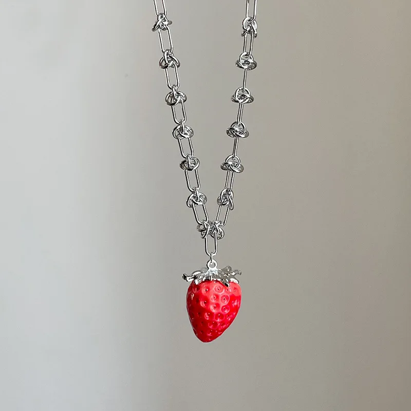 Minar Sweet Multiple Red Resin Strawberry Rhinestone Imitation Pearl Heart Cross Pendant Necklaces for Women Chokers Pendientes
