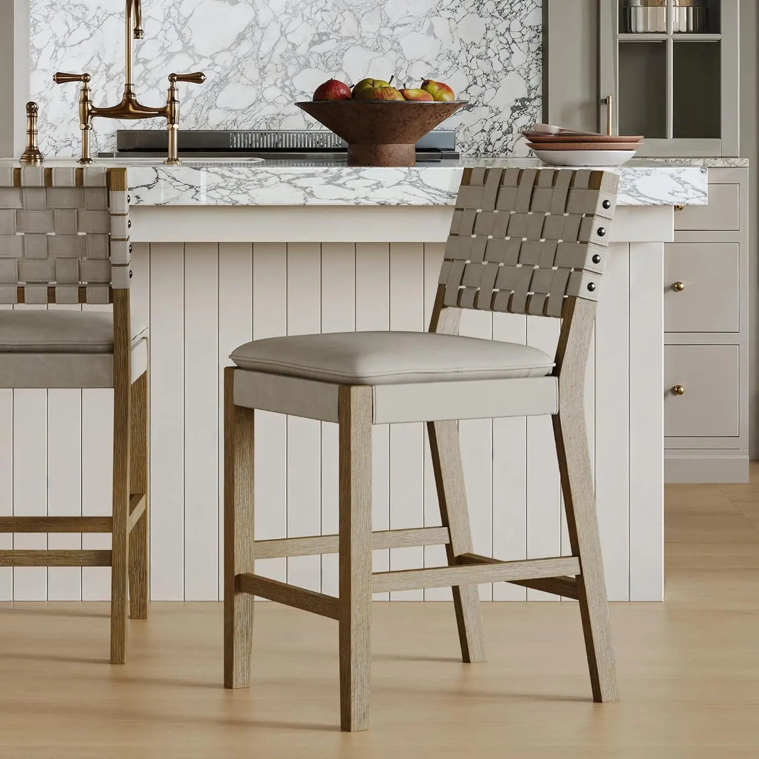 Cohen Coastal Bar Stool, Wood Counter Height Leather Bar Stool with Back for Kitchen Island, Gray Mahogany