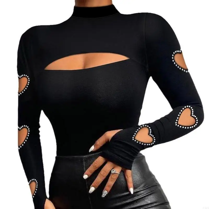 

P88B Mock Neck T-Shirt with Sexy Cutout Front Fashionable Beaded Heart Hollow Long Sleeve Bodycon Blouse Top for Women