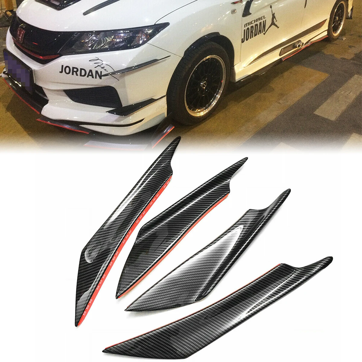 

Front Bumper Lip Side Fin Splitter Body Spoiler Canards Universal For Mitsubishi Lancer 2002-2017 Black Carbon Fiber Look