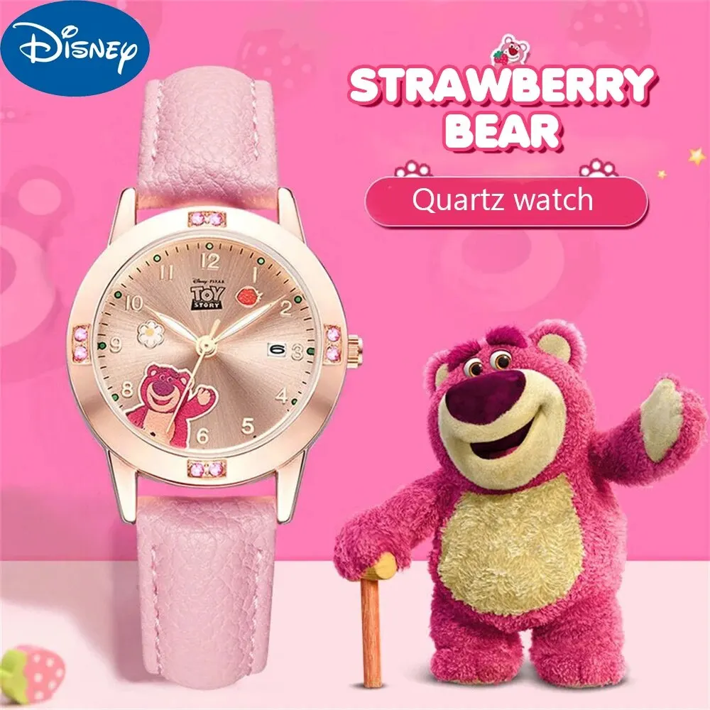 Disney Watches PU Leather Quartz Wristwatches Strawberry Bear Cute Clock for Ladies Cartoon Dial Montre Femme