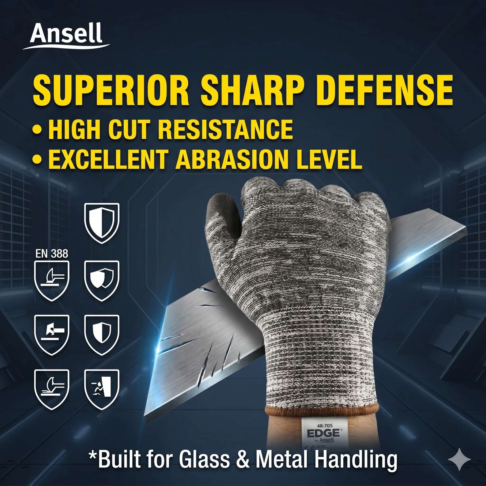 Ansell 48-705 EDGE Cut Resistant Safety Gloves Glass Fiber PU Dipped Work Mechanic Protective Gloves for Men Women Industry