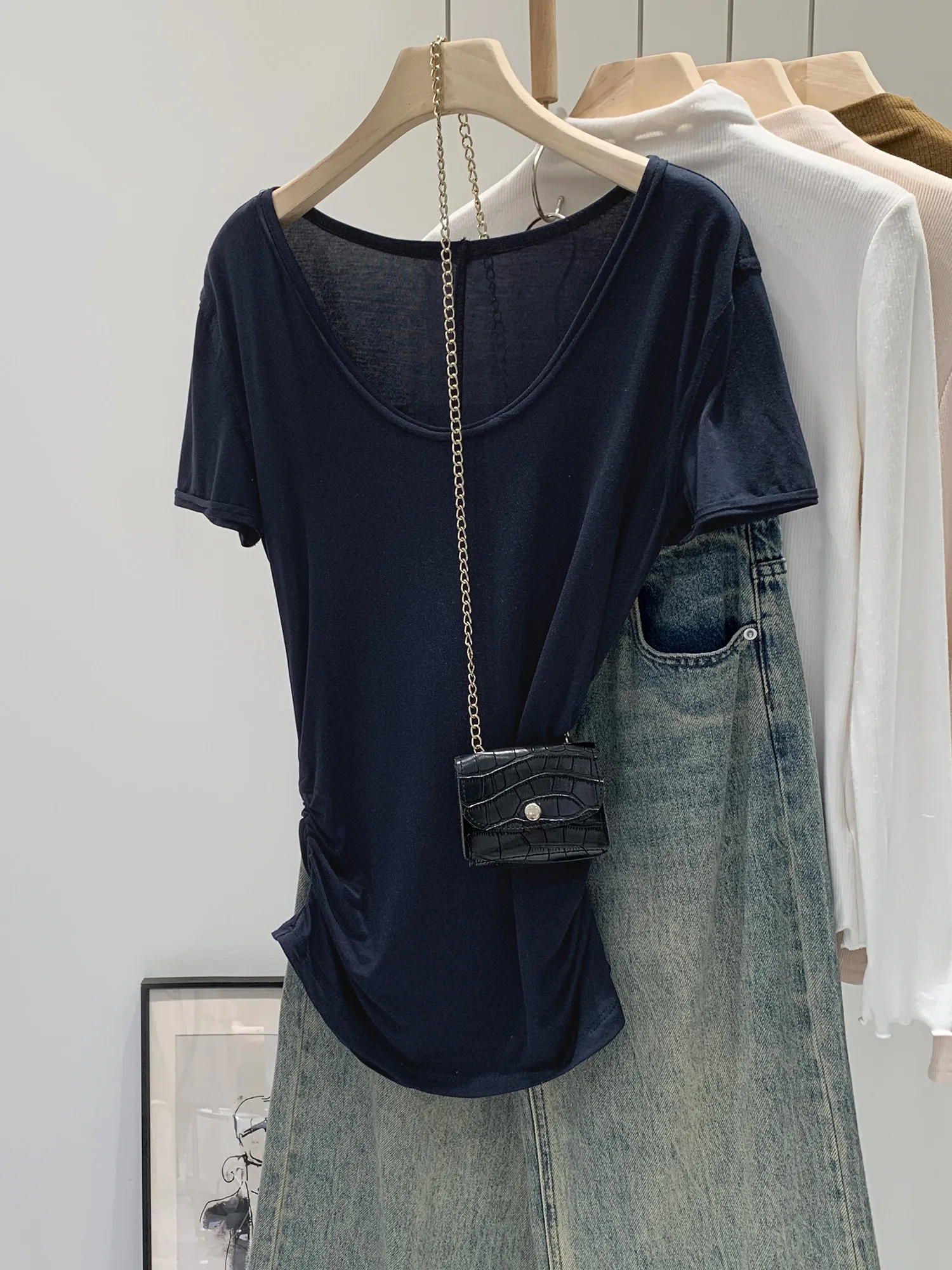 Summer Thin Pure Color Lyocell V-neck Pleated Slim Fit Short Sleeve T-shirt Semi-transparent Loose Weight-loss Effectiveness Top