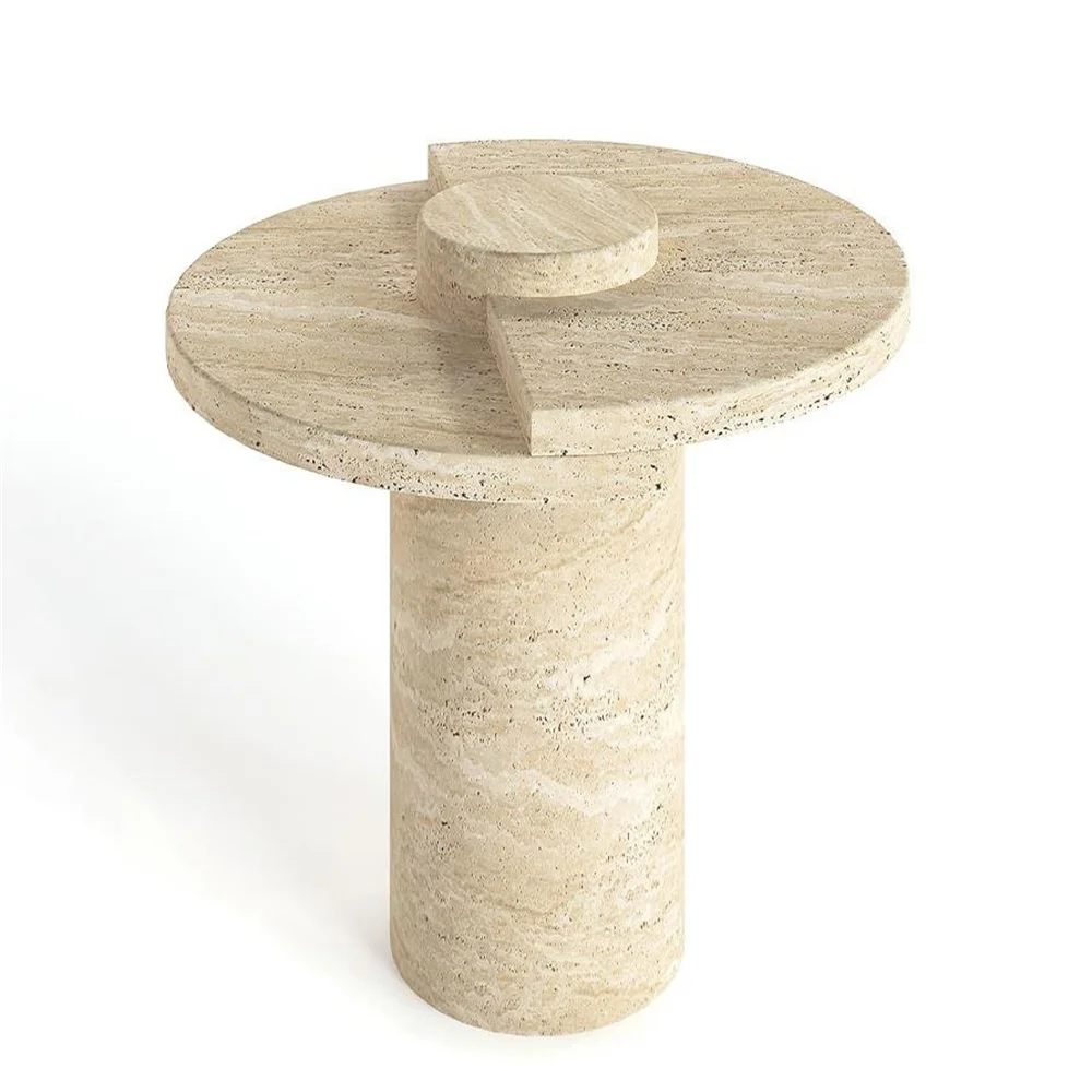 

&d Unique Circular Edge Travertine Corner Table for Living Room Compact Wabi-Sabi Style Console Table Pairing Large Coffee Table