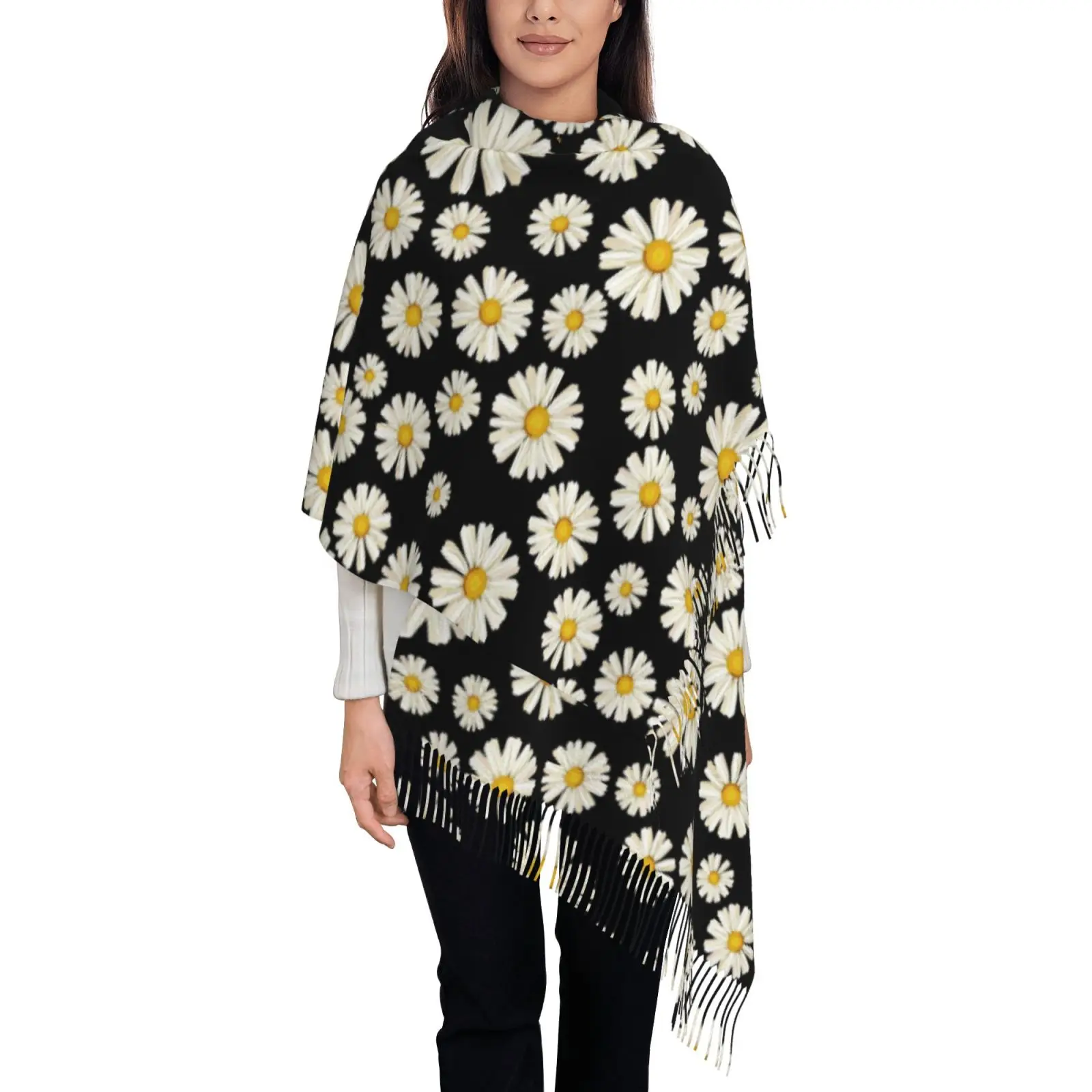 Women Daisy Floral Print Shawl Scarf, Black Base Tassel Large Wrap, Soft Fashion Ladies Casual Cape Scarves