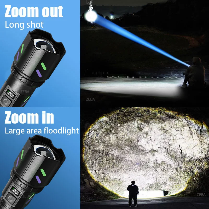 1000000LM Ultra-High Powerful Flashlight Battery Display RechargeableTactical Torch Ignitable Hand Lamp Outdoor Camping Lantern