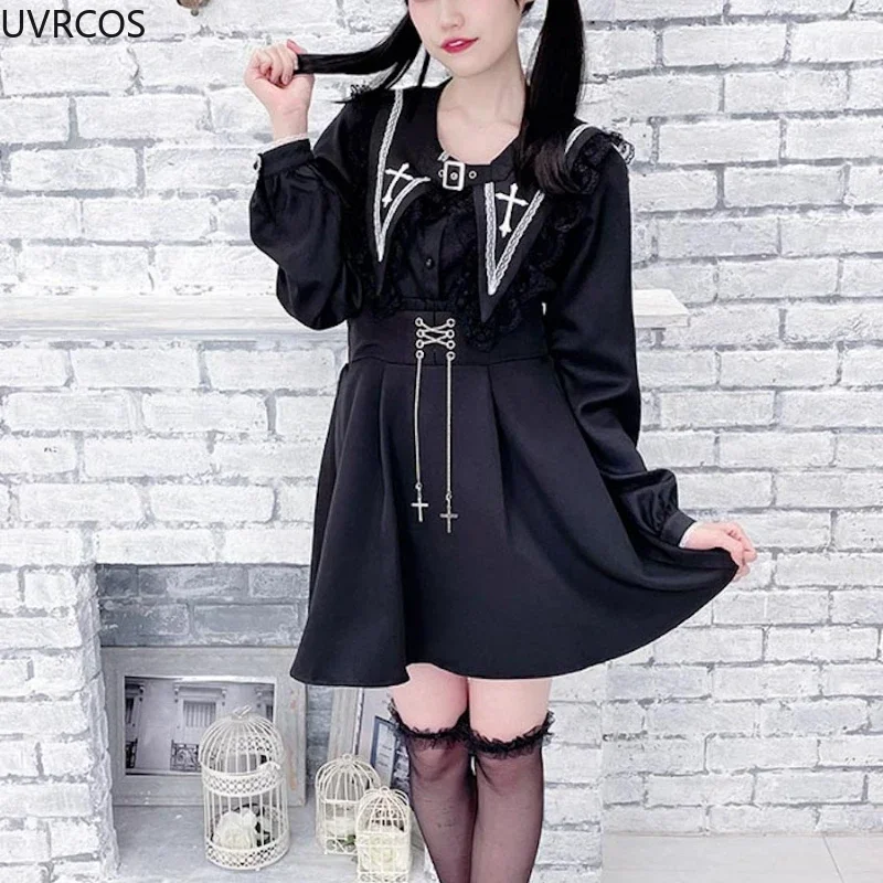 

Y2K Punk Lolita Blouse Victorian Gothic - Long Sleeve Sailor Collar Top with Embroidery Ruffles and Lace Japanese Sweet Style
