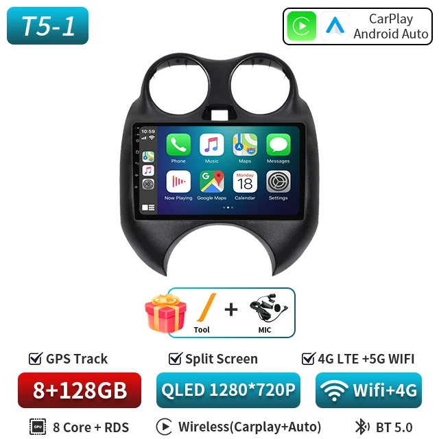 Voor Nissan Maart MICRA 2010 2011 2012 2013 Android 16 Autoradio Audio video multimedia Speler GPS Navigatie 8 + 128G Carplay Auto