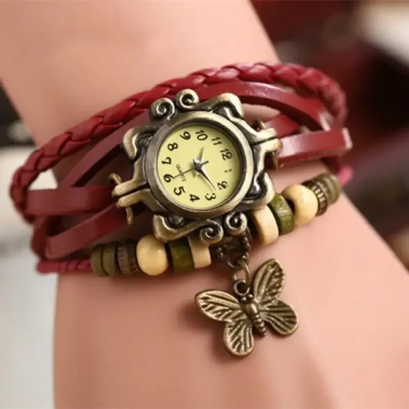 Vintage Fashion Creative Gifts Cow Leather Watch Women Ladies Fashion Butterfly Beads Dress Quartz Wristwatch Accessories Decor