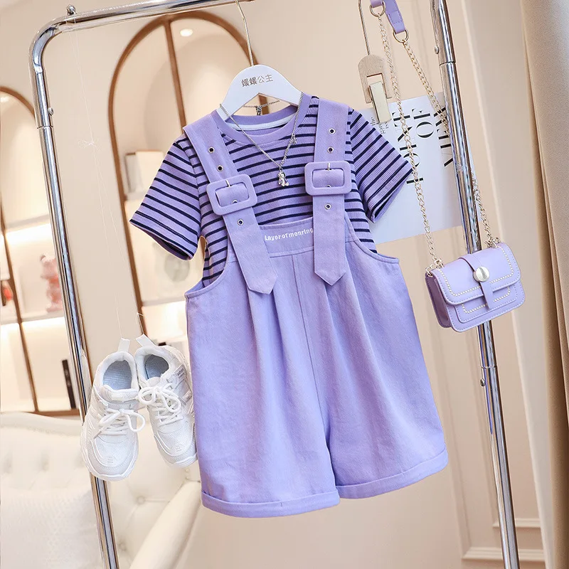 2024 Korean Summer Junior Girl 2PCS Clothes Set School Girl Striped Sleeveless Tops+Strap Shorts Sets Girls From 4-13 Years Old