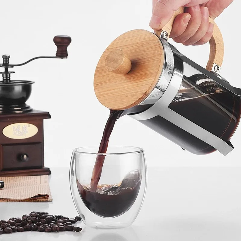 350/600/800ml  French Press Coffee Maker Wooden Handle Heat Resistant Transparent Glass Manual Coffee Tea Percolator