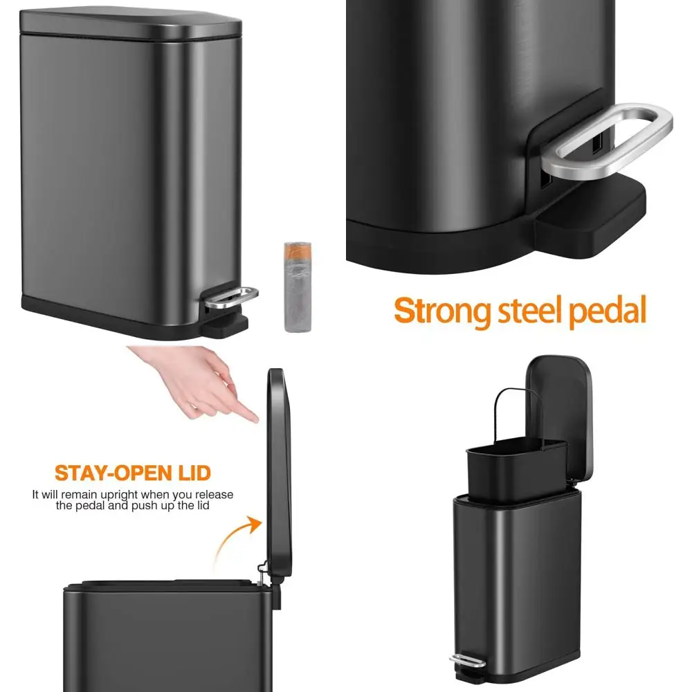 

Stainless Steel 15L Trash Can with Soft Close Lid, Removable Wastebasket for Kitchen and Bathroom Use