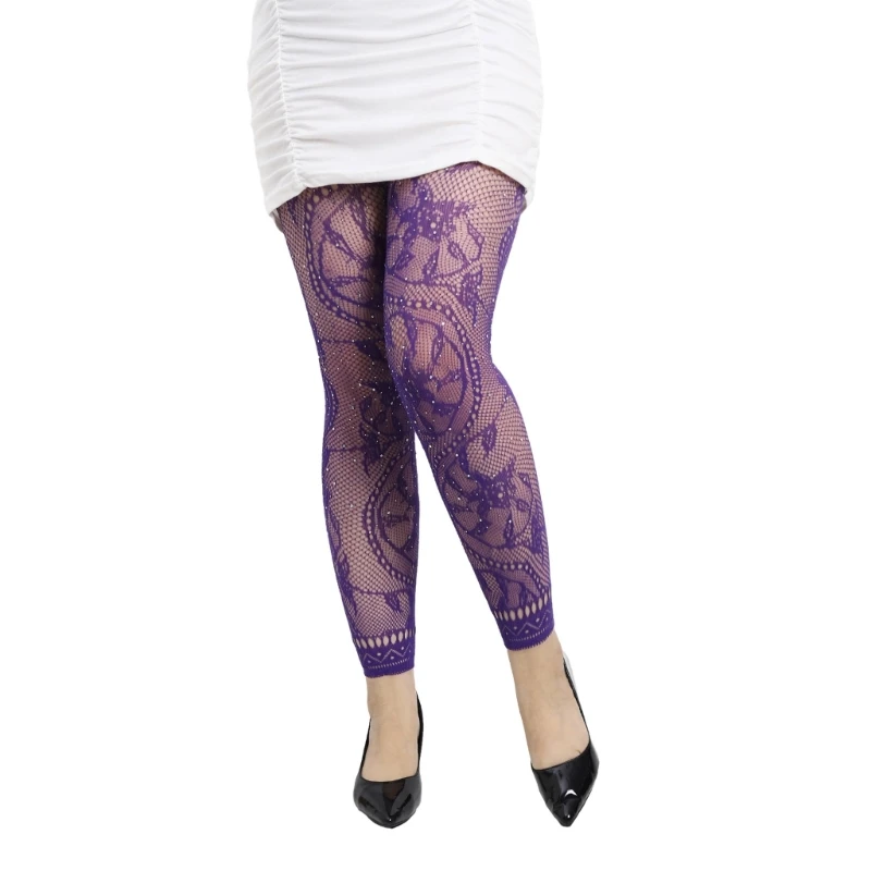 Women Floral Patterned Fishnet Tights Stockings Rhinestones Footless Pantyhose