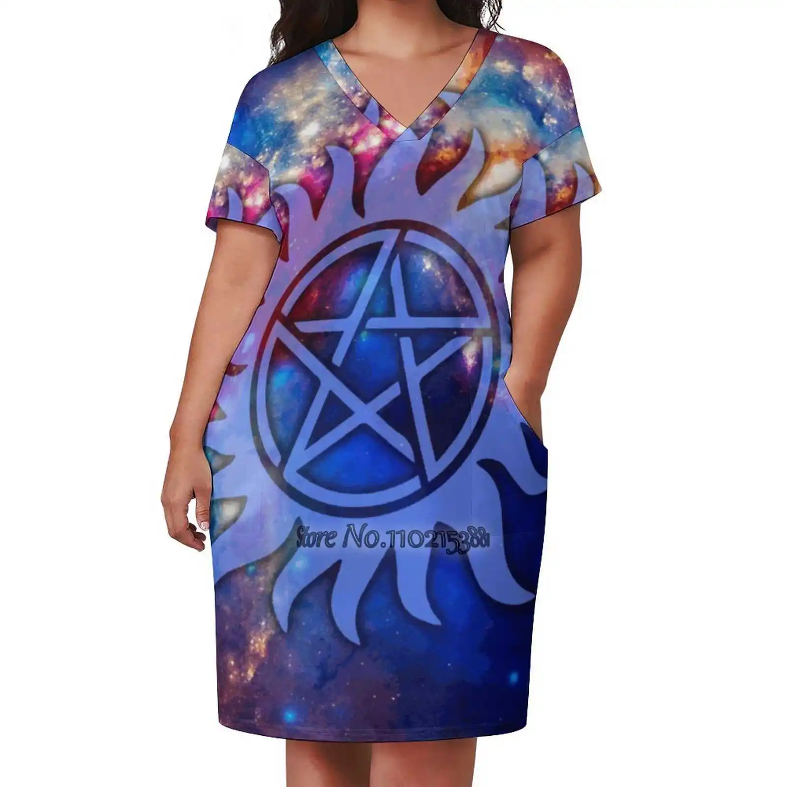 Supernatural Cosmos V-Neck Short Sleeve Dress A-Line Skirt Women'S Clothing Office Lady Elegant Skirt Supernatural Occult