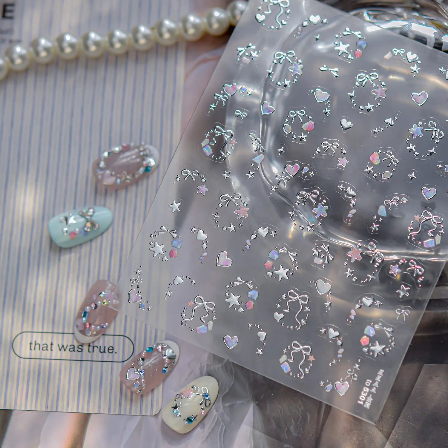 

Bowknot Star Love Heart Flower Garland Dot Round Wreath Silver Mini Pentagram 5D Self Adhesive Nail Art Stickers Manicure Decals