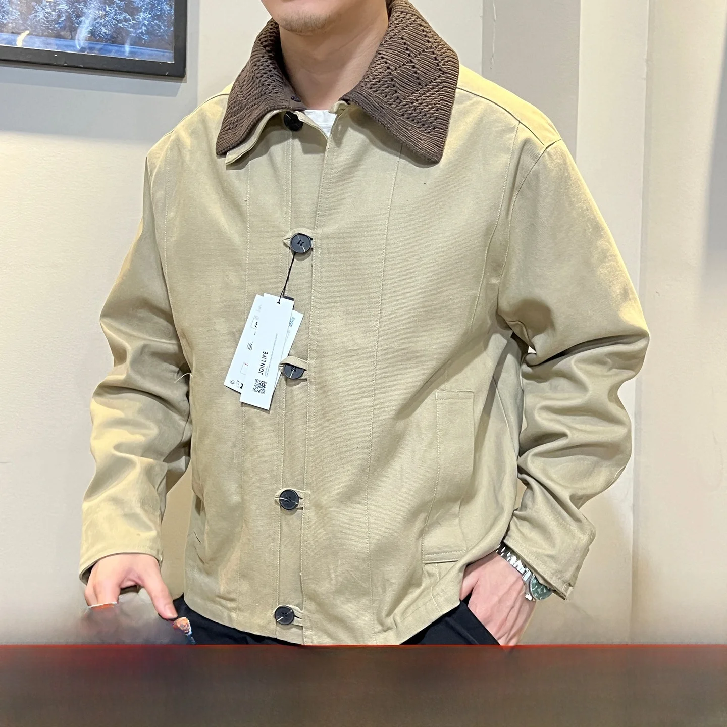 

Вязаный воротник-стойка Цветная блузка Повседневная куртка для мужчин Осень-зима Подставка из полиэфирного волокна Long Sve Двухслойный ко...