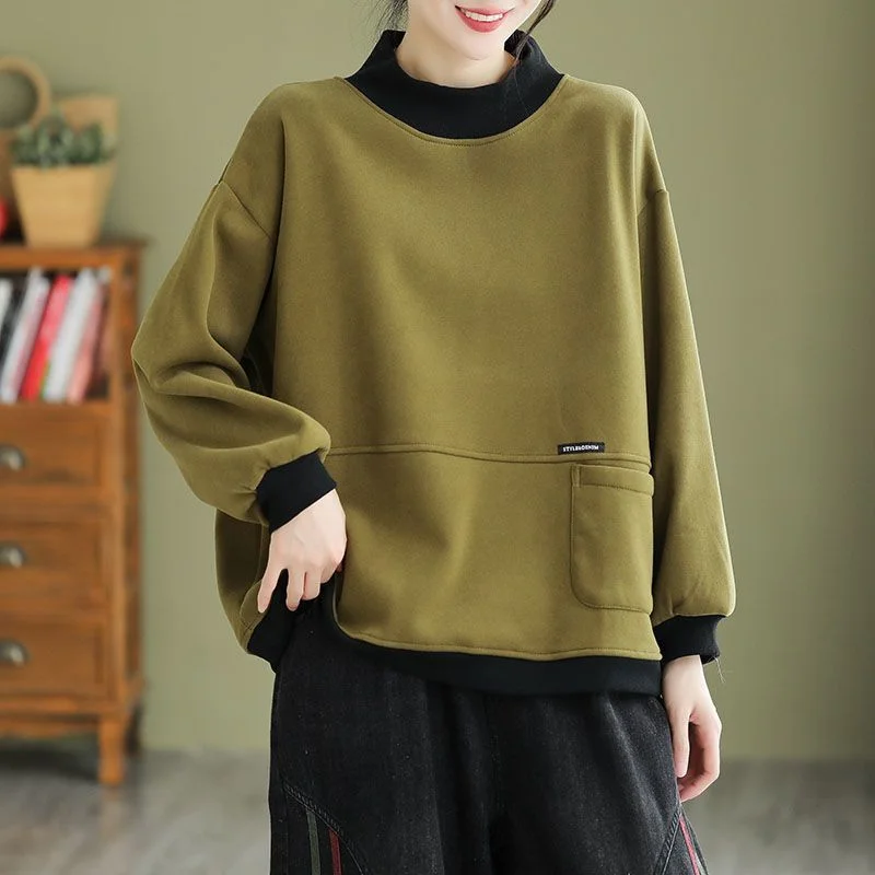 Slim and Color-blocking Half-high Neck New Women's Loose Casual Top