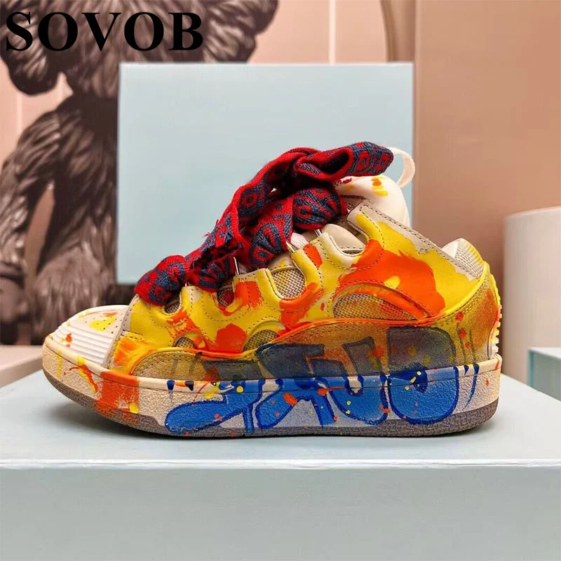 

Spring Autumn Fashion Street Graffiti Real Leather Casual Shoes Thick Sole Breathable Flat Shoes Versatile Walking Shoes Unisex