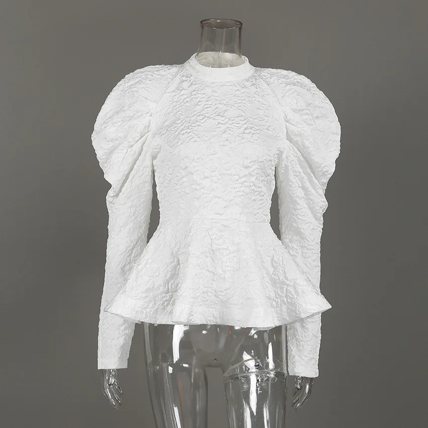 2026 Winter Spring Embroidery Women Top Fashion Lantern Long Sleeve O-neck Pleated Female Blouse Sweet Lady Solid Clothes