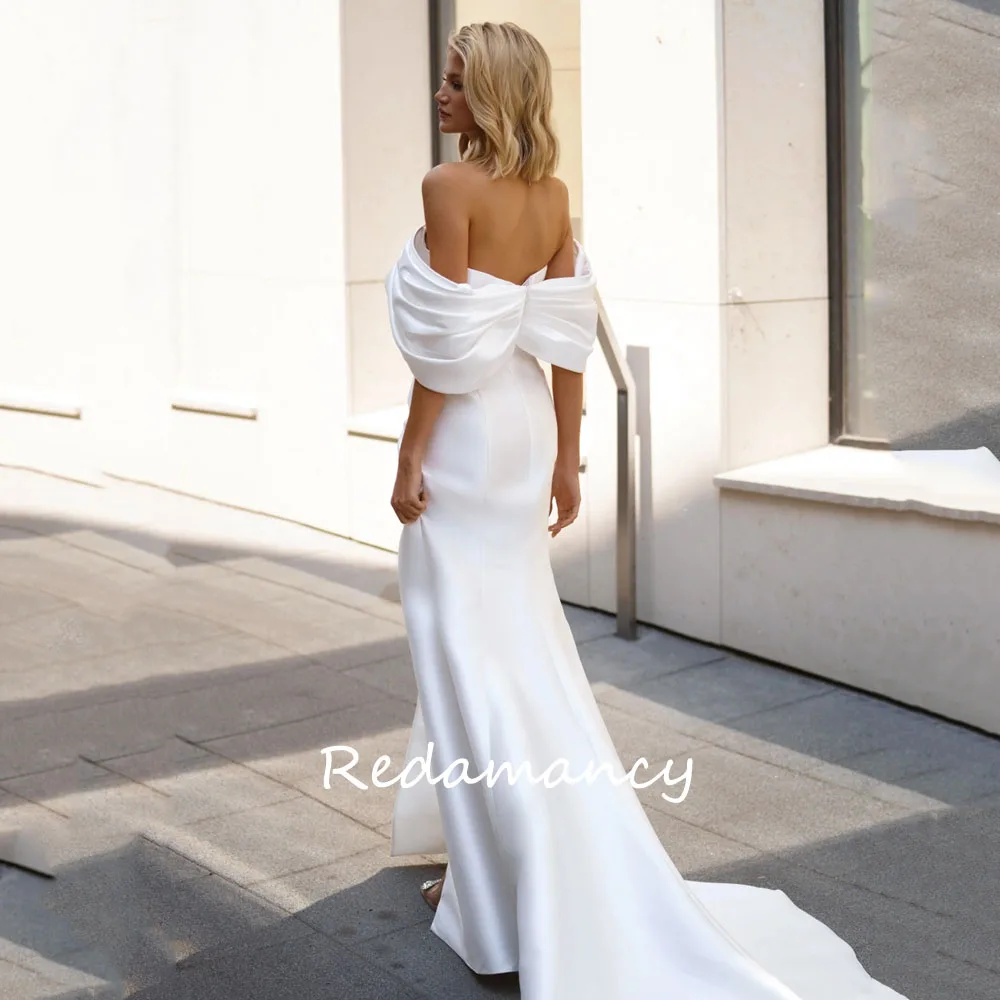 Redamancy Simple Off the Shoulder Satin Mermaid Wedding Dresses Side Split Short Sleeve vestidos de novia Bridal Gown 웨딩드레스