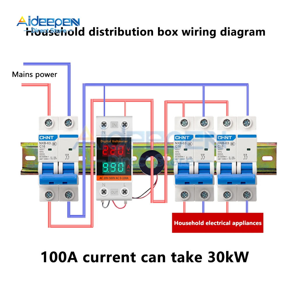 AC 60-500V 0.00-99.9A 35mm Din Rail Voltmeter Ammeter 2 in 1 Multi-function AC Voltmeter Voltage Amps Meter With Transformer