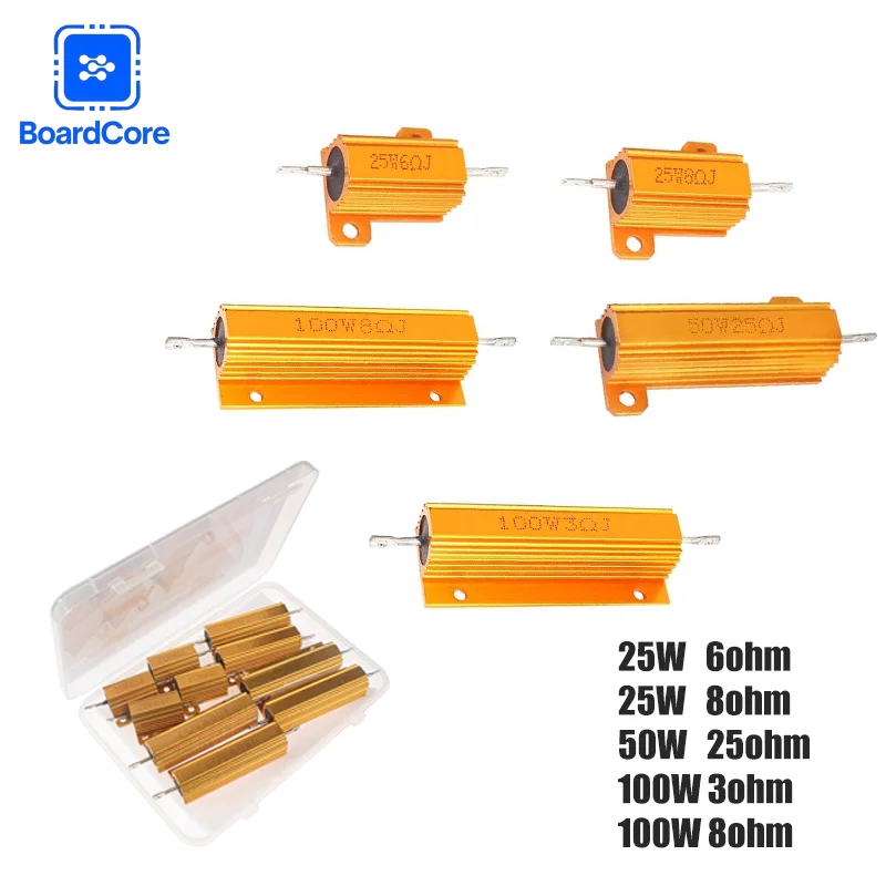2-10PCS Aluminum Shell Resistor Kit 25W 6Ω/8Ω + 50W 25Ω + 100W 3Ω/8Ω Carload Resistance for Brake Load/LED Decoder