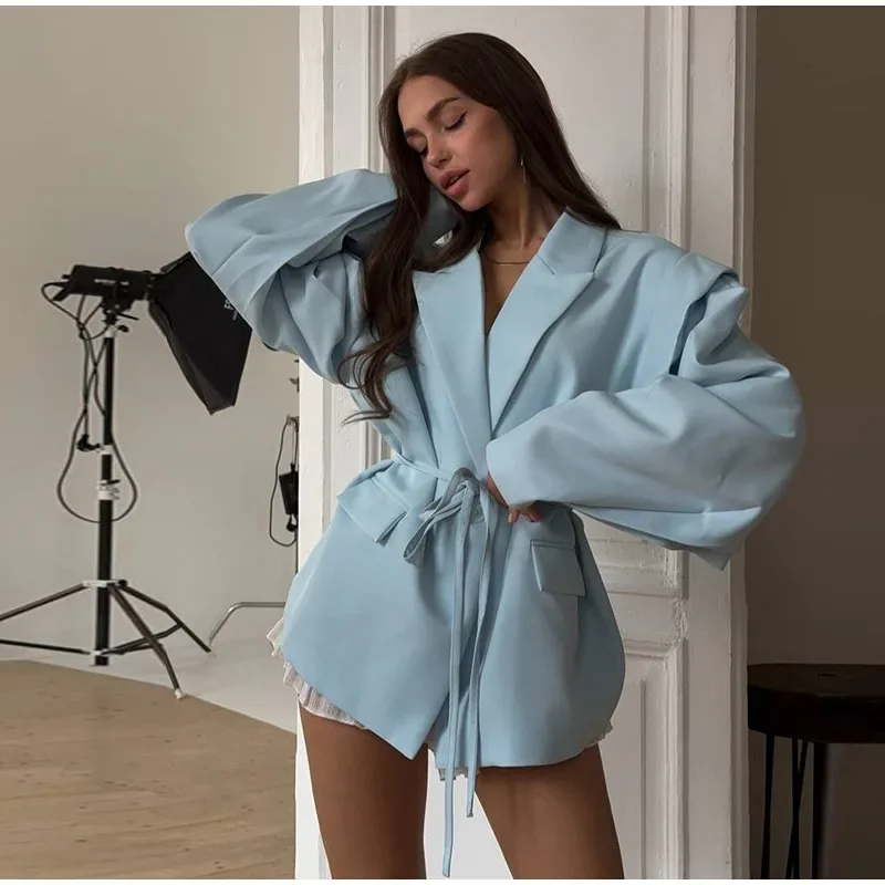 

2025 Office Lady Solid Lapel Blazer Jacket For Women Oversize Notched Single Breasted Shoulder Pads Jackets Long Sleeve Tops