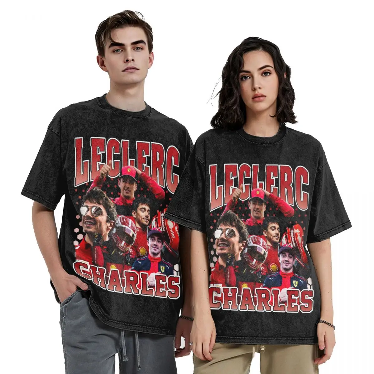 F1 Charles Leclerc Merch Washed T Shirt Streetwear Hip Hop Retro T-Shirt Racing Driver Tees Men  Short Sleeve Oversize Summer