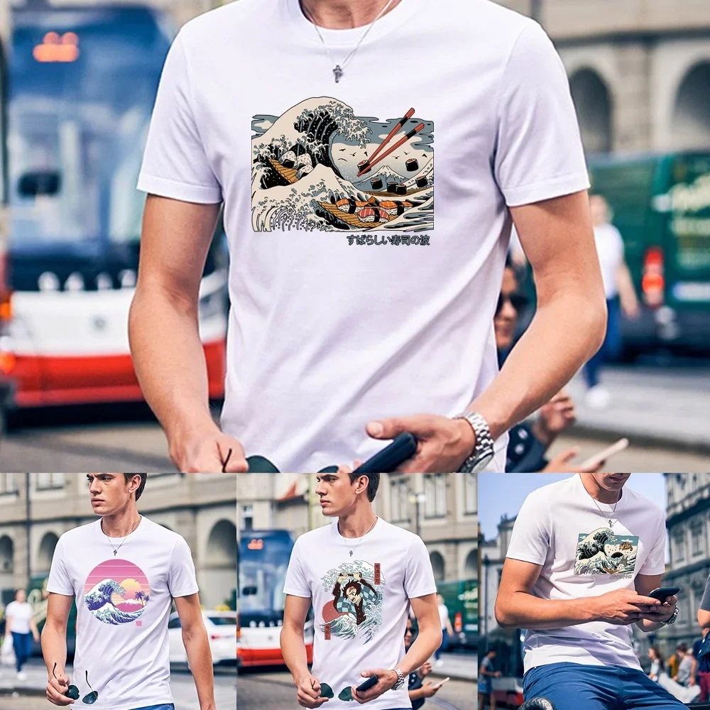 Summer Men T-shirts O-neck Tees Casual Short Sleeve Harajuku Wave Print Anime 2023 Fashion Kpop White Male Clothes Tops T Shirt