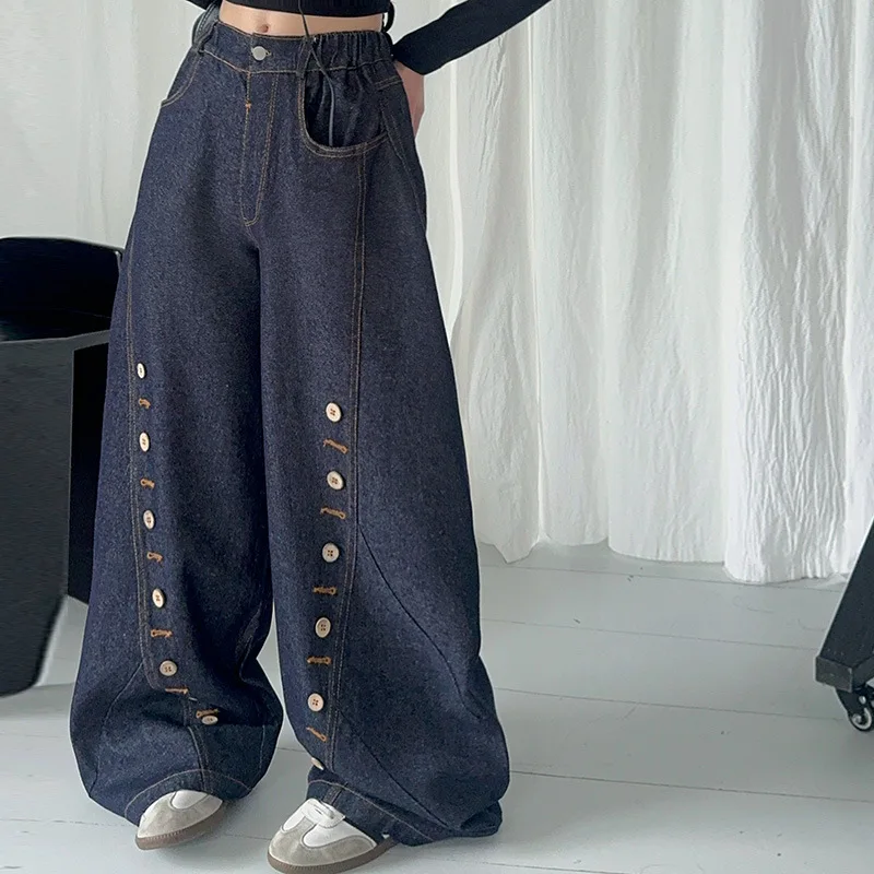 4-14 design teen girls jeans spicy girl multi breasted eye bending knife denim wide leg pants junior kids lazy floor trousers