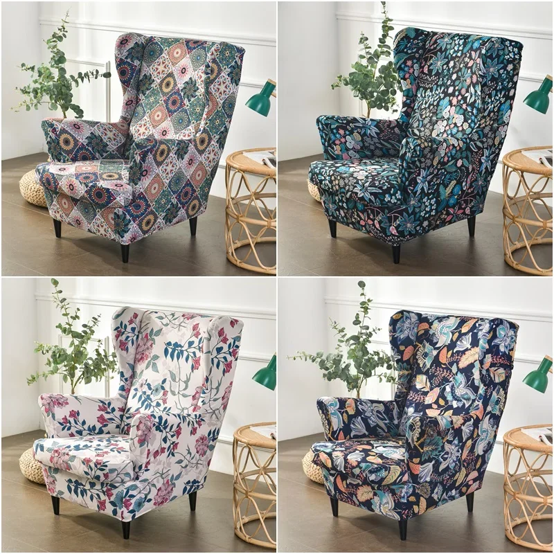 Pastoral Style Wing Chair Cover Stretch Spandex Backrest Armchair Cover Sofa Covers with Seat Cushion Covers Furniture Protector