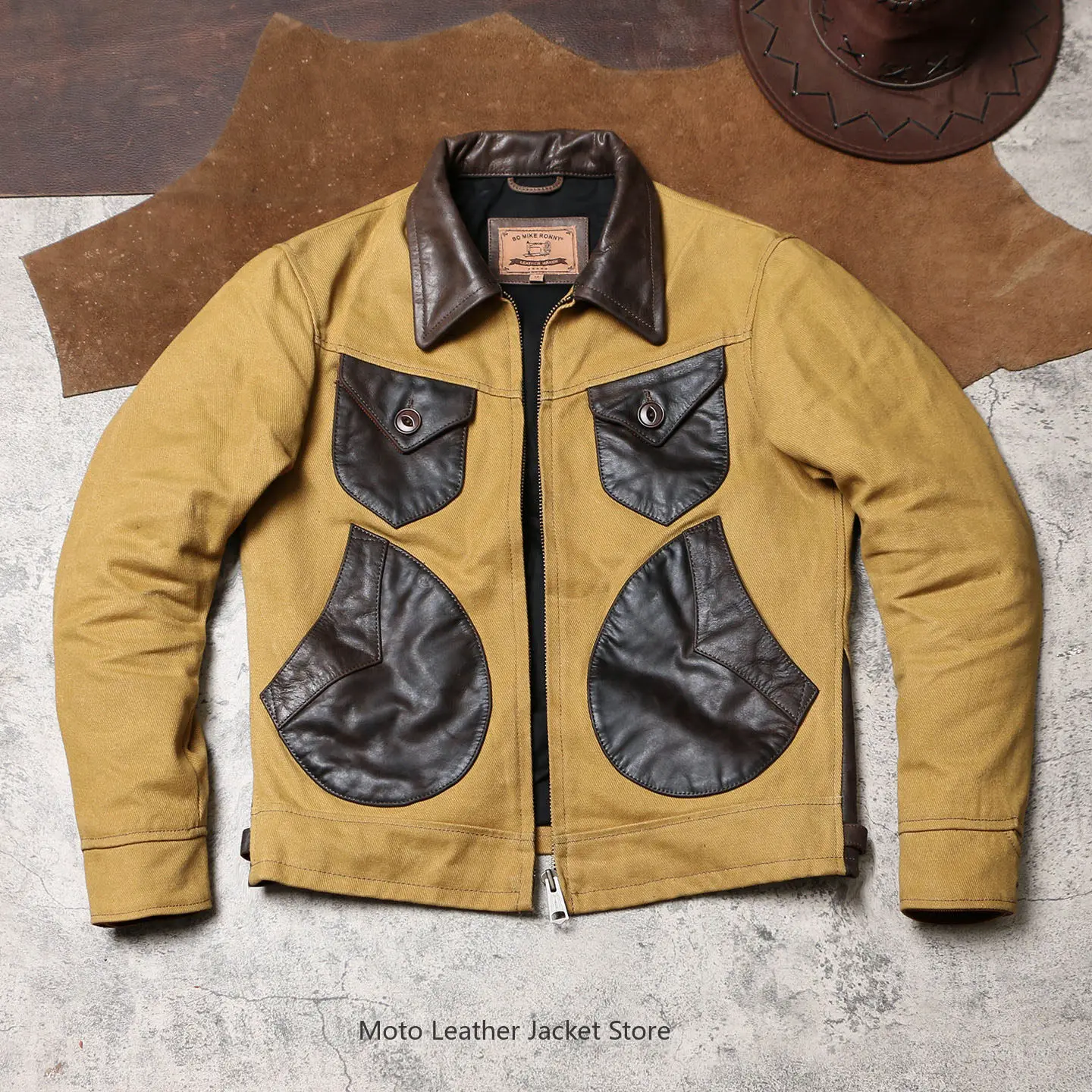 Chaqueta Vintage Mendoza RL de Cuero Genuino, Lona Encerada con Cuero Vacuno, Solapa Corta, Abrigo de Cuero Auténtico
