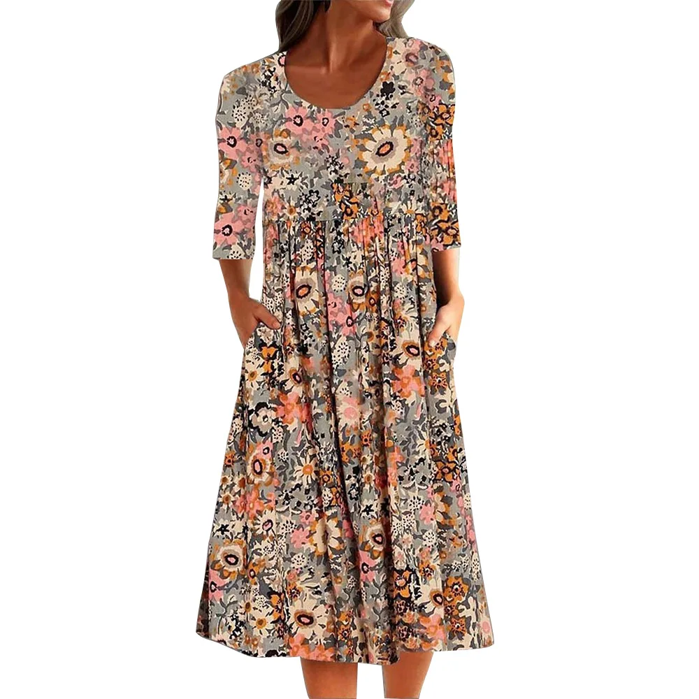 Spring Summer Printed Round Neck Casual Set Loose Long Dress with Pockets Middle Sleeve Cross-Border Women's Fashion