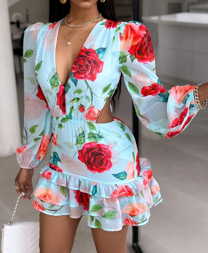 

Women's Dress 2024 Sexy Long Sleeved Deep V-Neck Hollow Mini Dress Floral Print Ruffles Layered Dress A Line Casual Sexy Dress