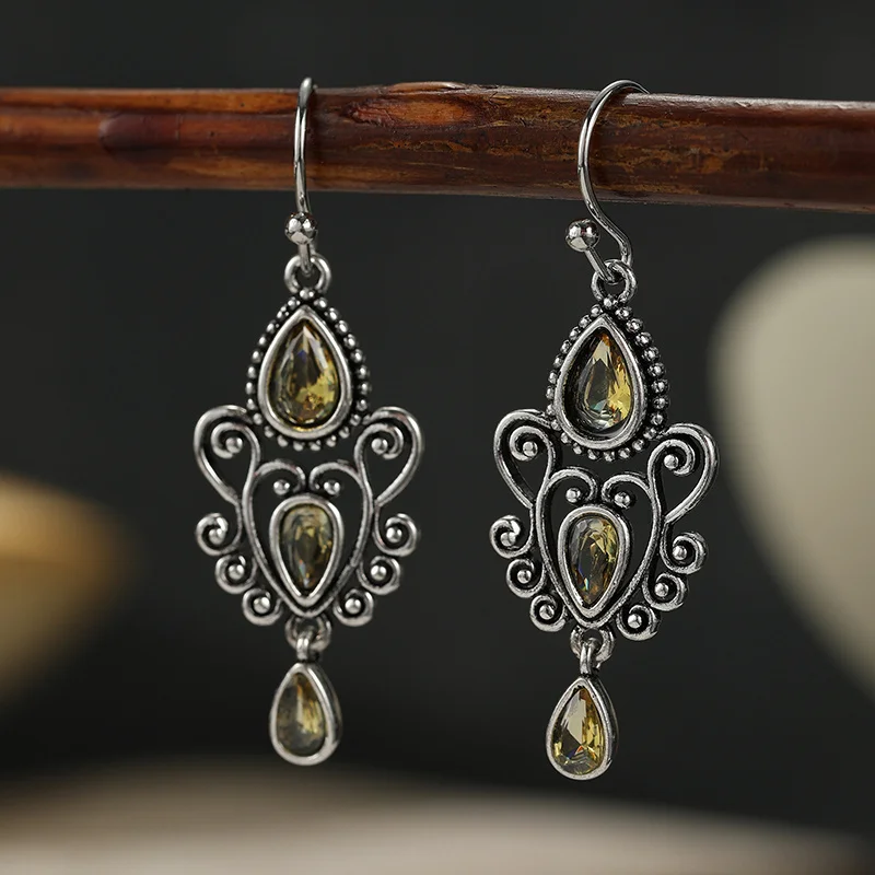 Women's vintage Hollowed Out Curled Earrings Three Layer Water Droplet Synthetic Zircon Pendant Design Bohemian Style Accessory