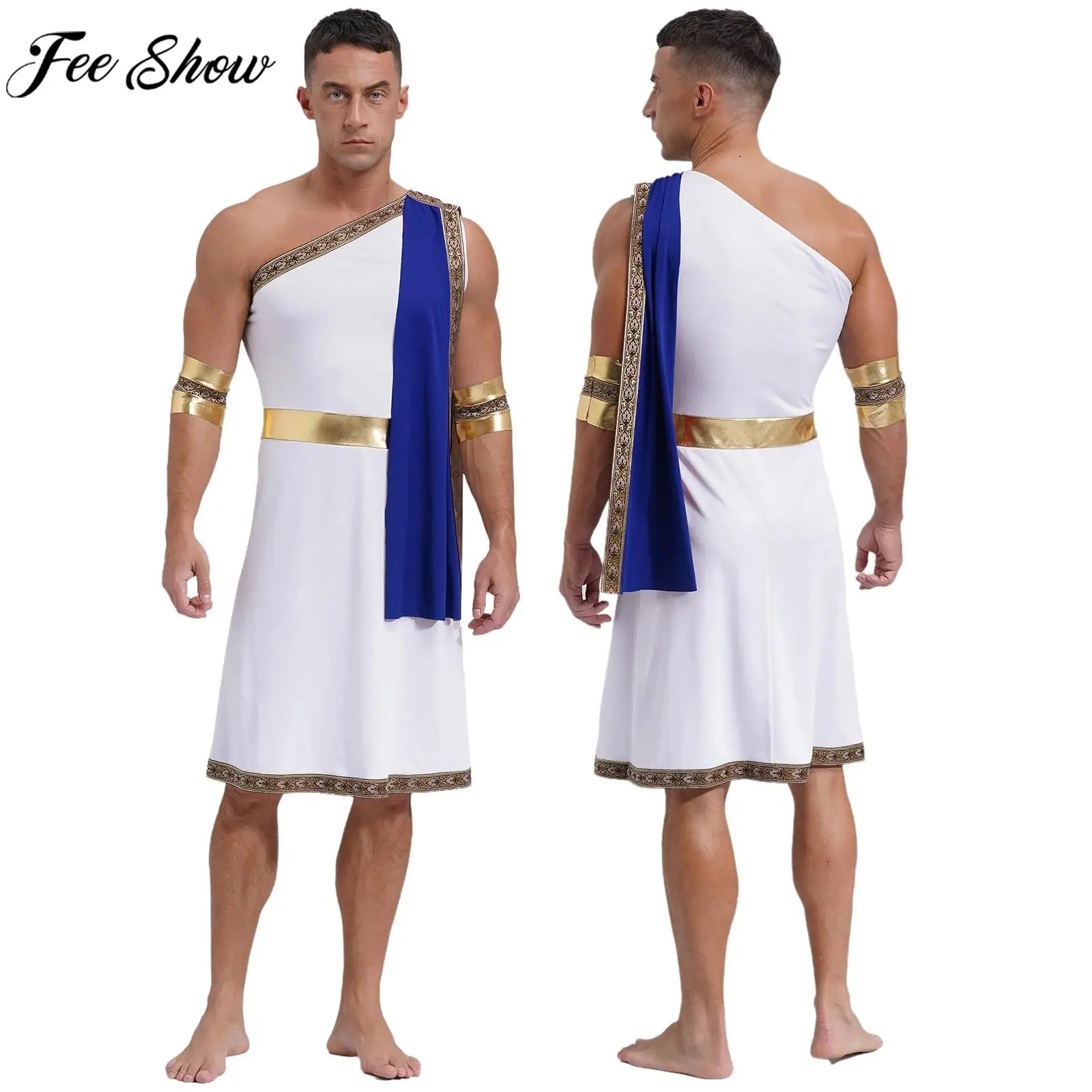 

Men Ancient Greek Roman Mr.Toga Cosplay Costume Halloween Greece God King Prince Role Play Clothes One Shoulder Robe with Cuffs