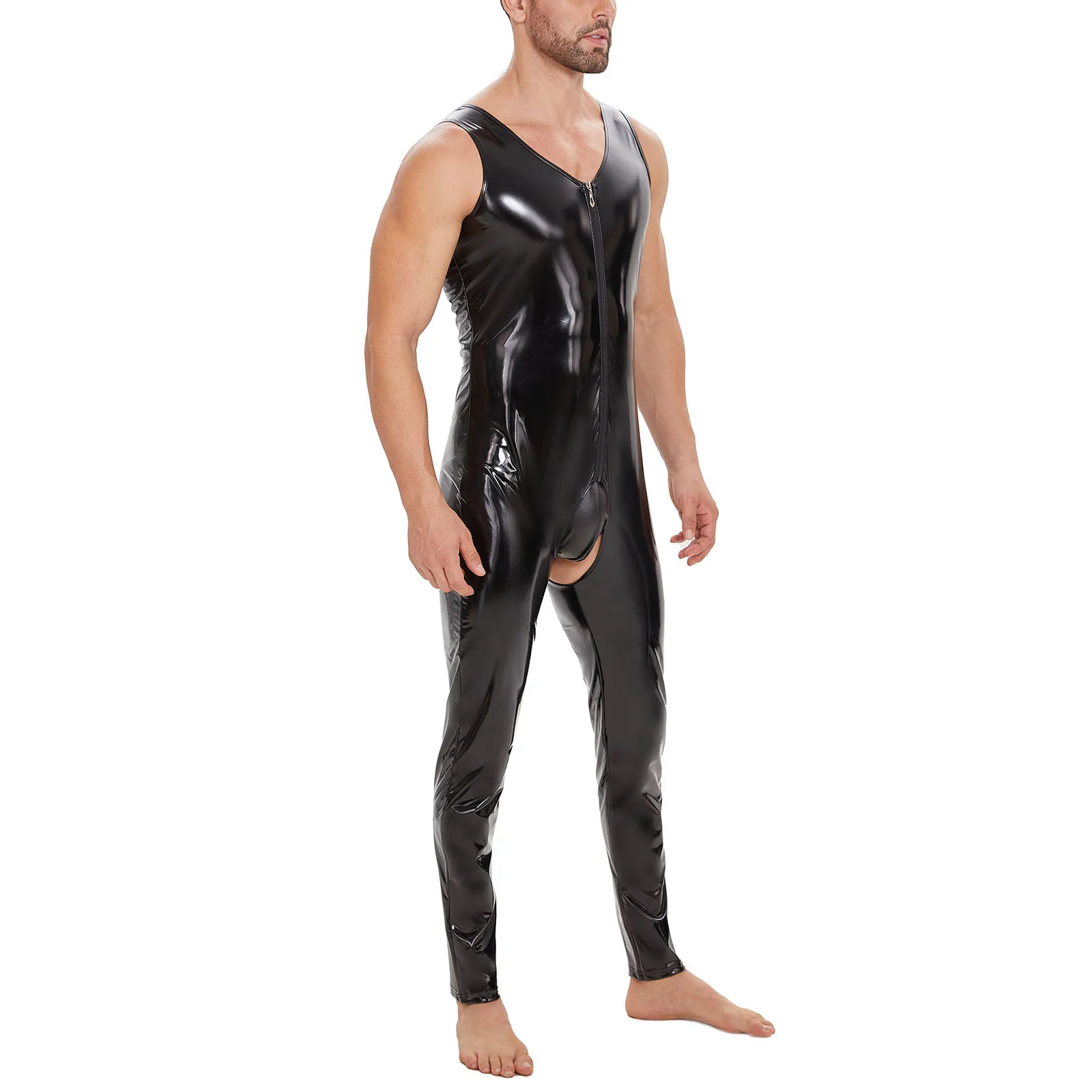 Mens Sexy Open Crotch Shiny Leather Jumpsuit Erotic Wetlook Leather Leotard Crotchless Male One-Piece Bodysuit Gay Clubwear Sexi