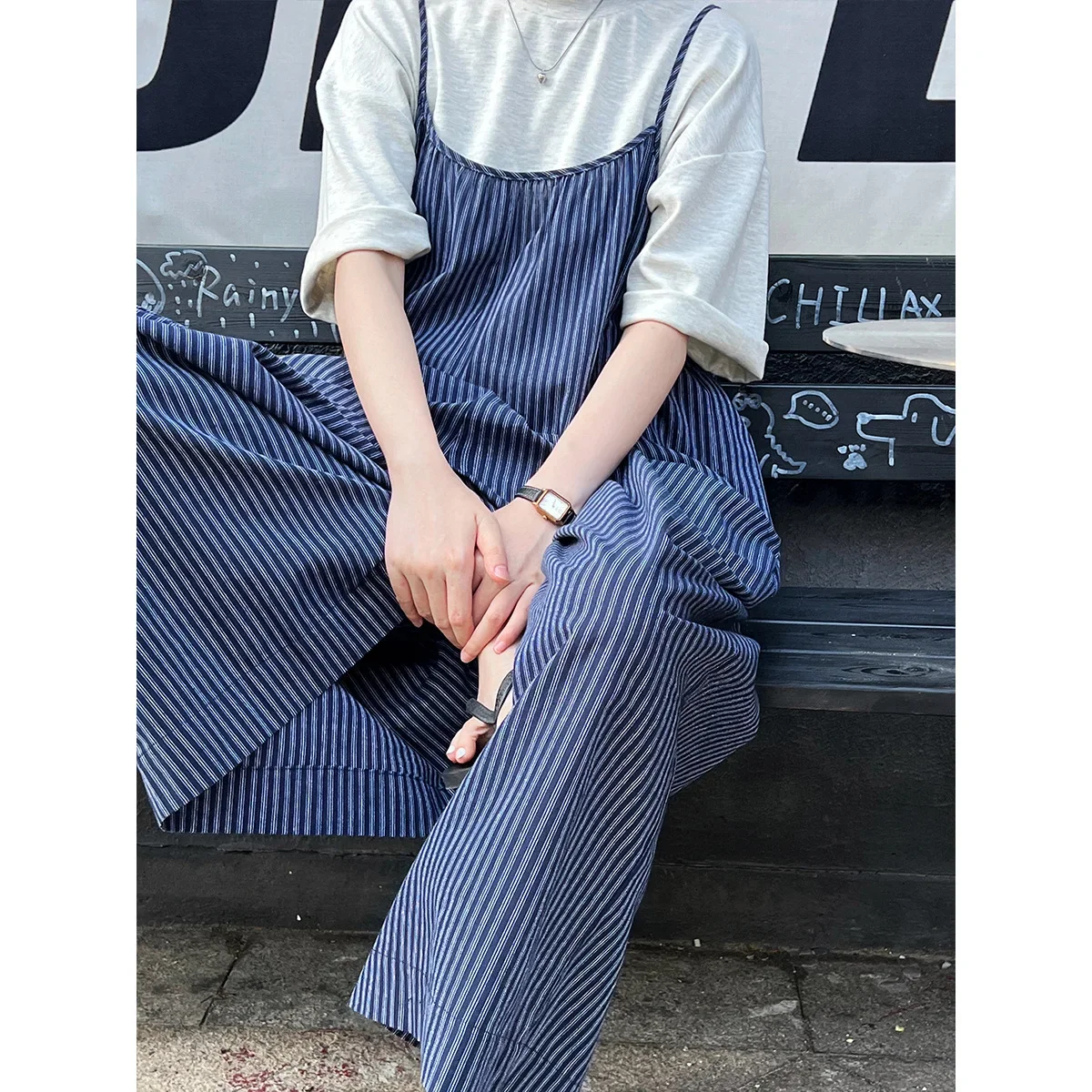 Blue Striped Wide Leg Overalls for Women's Summer Loose Casual Wide Leg Sling Jumpsuit Pants