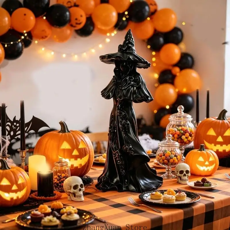 Hexenstatue aus Harz für Halloween-Dekorationen, Skulpturfigur mit verbreiterter Basis für Tischregal, Kaminsims und Fensterbank – Detail 4