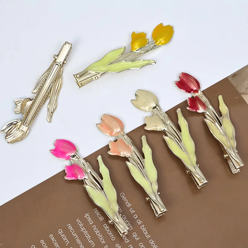 Fashion Korean Colorful Dripping Flower Hairpin Tulip Metal Duck Bill Bangs Girls Women Headwear Hair Styling Tools Accessories