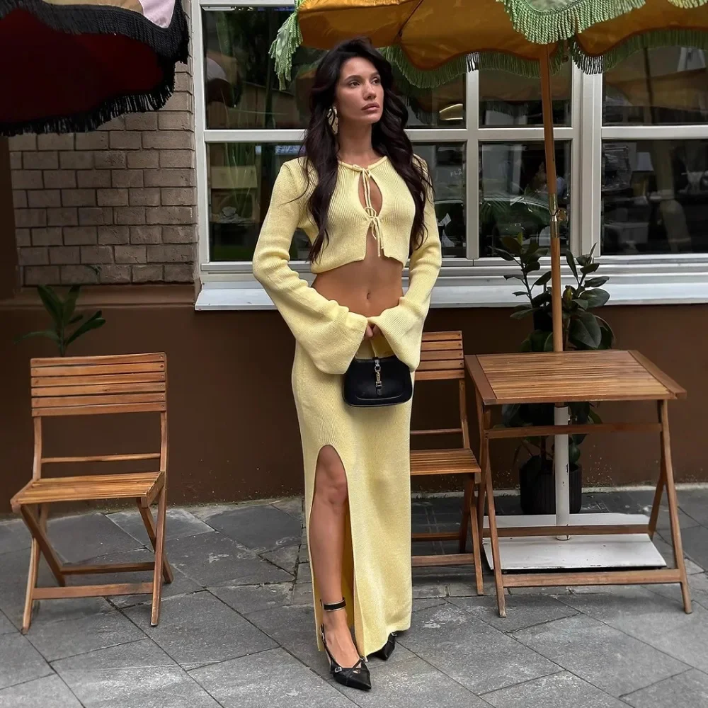 

Simple Flared Sleeve Top Hip Hugging Skirt Suit Spring and Autumn Women Sexy Solid Slim Elastic Cardigan Side Slit Skirt 2Pcs
