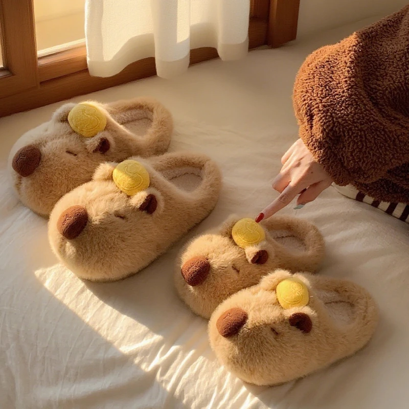 Cute Capybara Fluffy Slippers For Women Winter House Shoes Funny Cartoon Style Warm Plush Anti-slip Girls Home Cotton Slides