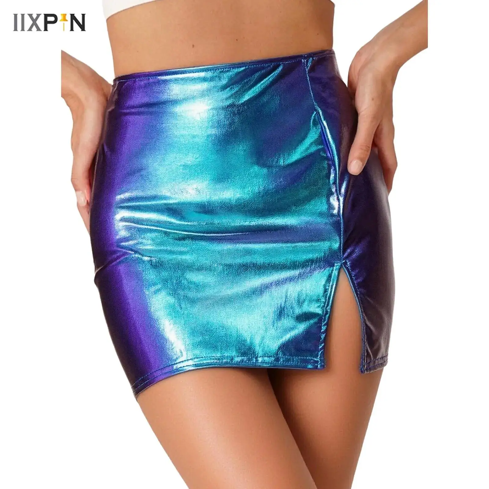 

Womens Metallic Shiny Pencil Miniskirt High Waist Side Slit Zipper Bodycon Tube Skirt for Rock Music Festival Raves Club Party