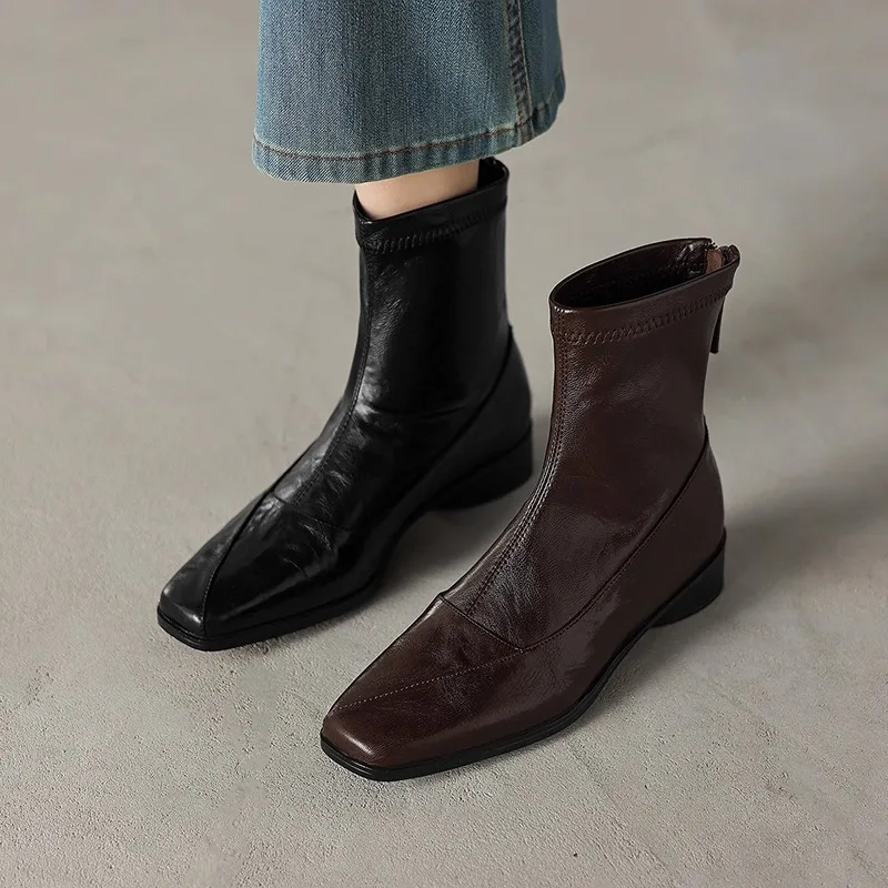 

Block Heel Booties Women 2025 Fall Winter New Retro Platform Heightened Versatile Square Toe Rear Zipper
