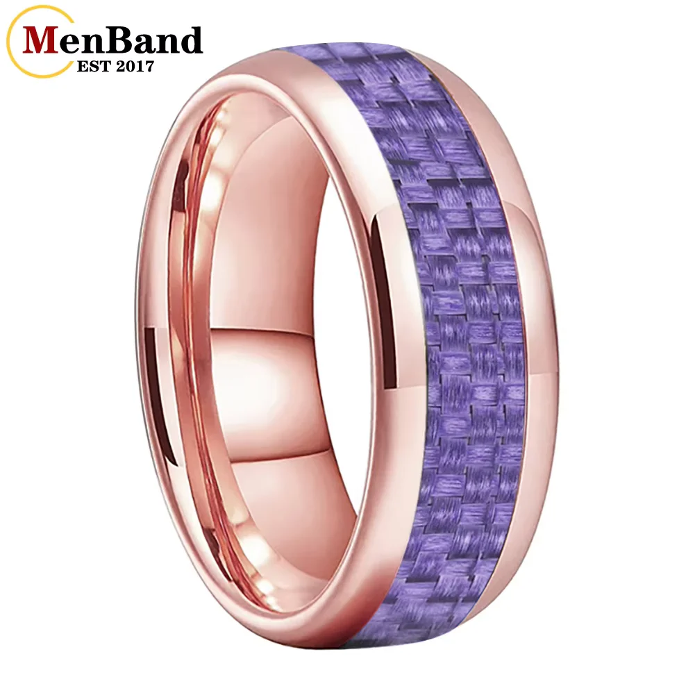 4/6/8mm Rose Gold Tungsten Carbide Wedding Band, Purple Carbon Fiber Inlaid Domed Ring, Comfort Fit Promise Anniversary Ring