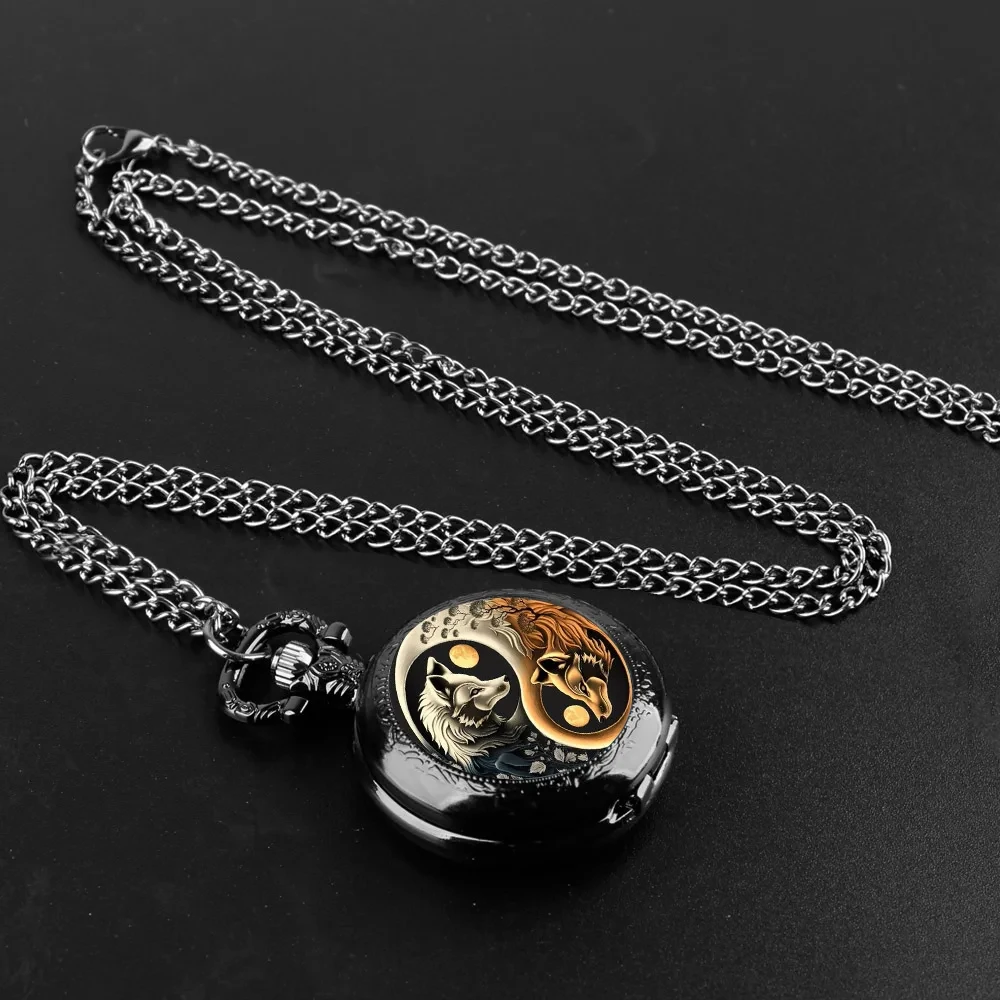 Creative YinYang Wolf Animal Pattern Design Mini Pocket Watch with Necklace Pendant World-Time Feature, Gift For Women Men Kids #4