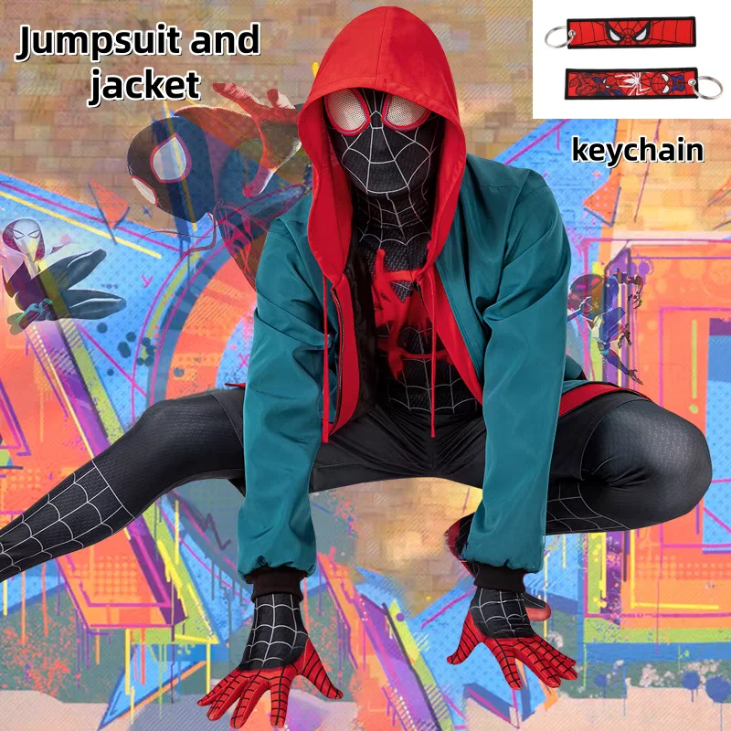 Abrigo de superhéroe Spiderman para Halloween, disfraz de Miles Morales, monos Zentai, mono de hombre araña, llavero, regalo de fiesta
