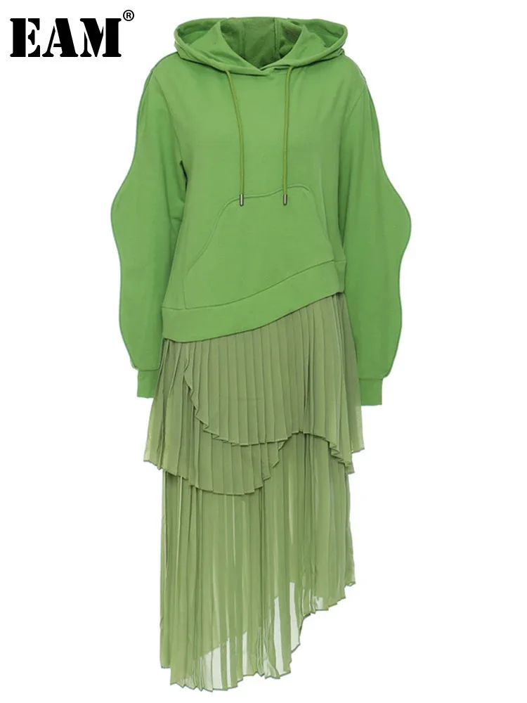 [EAM] Women Green Irregular Pleated Long Big Size Dress New Hooded Long Sleeve Loose Fit Fashion Tide Spring Autumn 2024 1DE6985